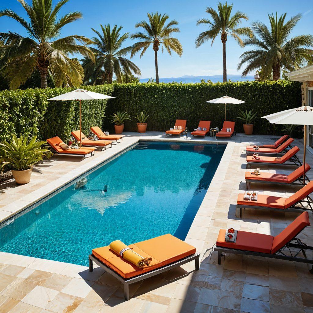 A vibrant summer scene featuring a diverse group of people showcasing trendy swimwear by a poolside with palm trees in the background. Include elements of excitement and luxury, such as cocktails and sun loungers, to illustrate the concept of summer fun and lifestyle. Add visual cues of financial opportunities like dollar signs subtly integrated into the scene. Bright colors and a sunny atmosphere enhance the feel of summer. super-realistic. vibrant colors.