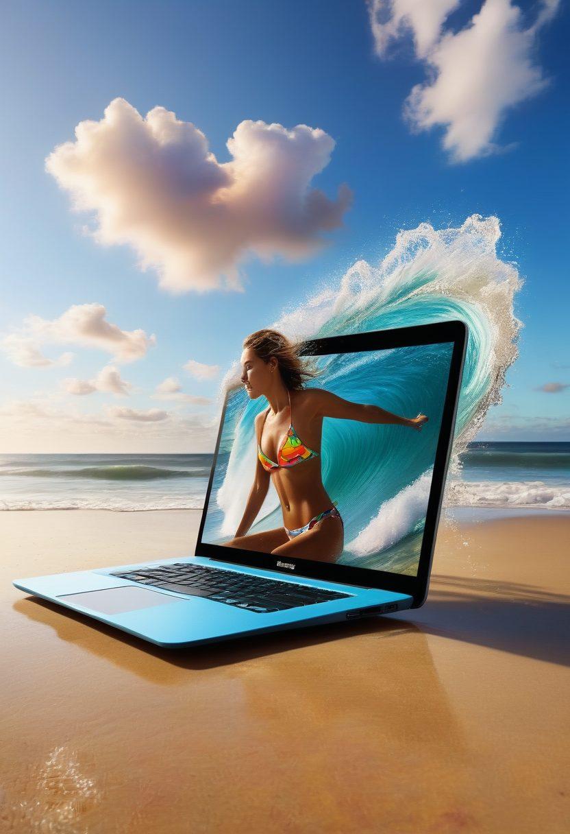 A vibrant beach scene showcasing a surfer catching a wave, surrounded by colorful bikini advertisements floating like clouds in the sky. In the foreground, a laptop rests on the sand, displaying email notifications with enticing deals. Bright, summery colors enhance the carefree vibe, inviting viewers to dive into exciting online offers. super-realistic. vibrant colors. summer theme.