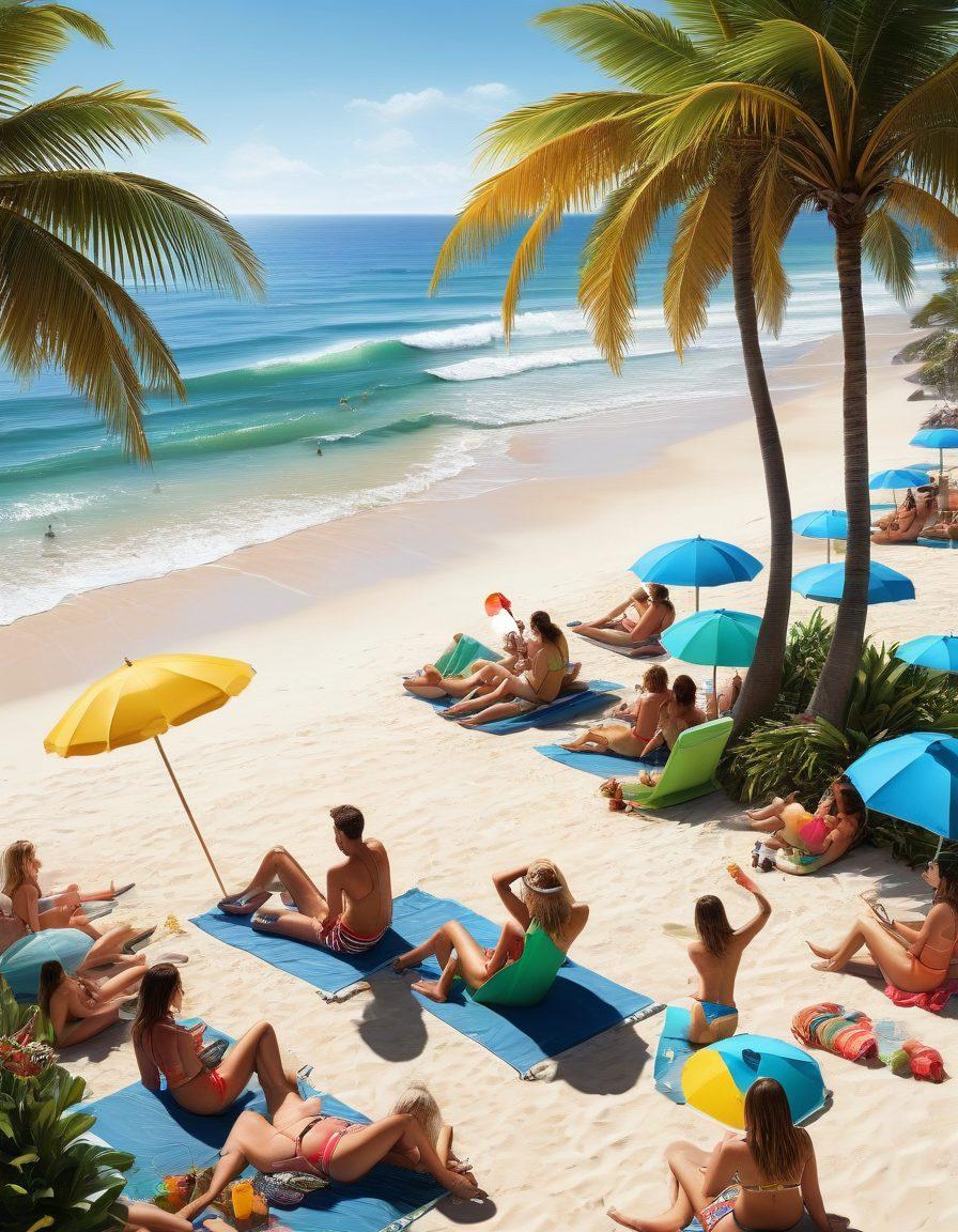 A bright and sunny beach scene featuring a lively group of people enjoying summer activities, flaunting colorful bikinis, and engaging in online promotions. Include elements like a laptop with a reward program display, beach umbrellas, and refreshing drinks. The atmosphere should be vibrant and inviting, with playful waves in the background and warm sunlight illuminating the happy faces. Incorporate tropical plants and a clear blue sky to enhance the summer vibe. super-realistic. vibrant colors. white background.